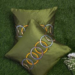 Alina decor Green & Yellow Set of 2 Embellished Square Cushion Covers-picture-7