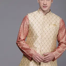 Manyavar Beige Art Silk Jacquard Woven Design Nehru Jacket-image-68