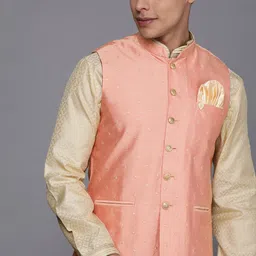 Manyavar Peach Coloured & Beige Art Silk Self Design Nehru Jacket-12