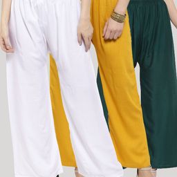 Clora Creation Women White & Mustard Yellow 3 Knitted Palazzos-image-92