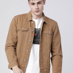 LOCOMOTIVE Men Khaki Solid Denim Jacket-image-64