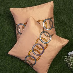 Alina decor Peach-Coloured & Blue Set of 2 Embellished Square Cushion Covers-6