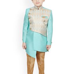 SG YUVRAJ Boys Turquoise Blue & Gold-Coloured Woven-Design Raw-Silk Sherwani-image-42