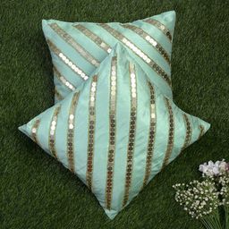 Alina decor Sea Green & Gold Set of 2 Embellished Square Cushion Covers-image-93