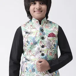 Hangup Boys Cream-Colour & Green Floral Printed Woven Nehru Jacket-25