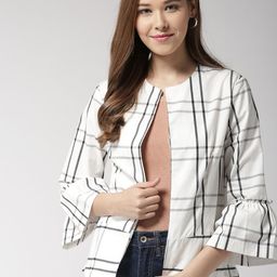 Sera Women White & Grey Checked Open-Front Pure Cotton Jacket-0