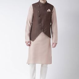 KISAH Men Brown & Peach-Coloured Solid Kurta with Churidar and Nehru Jacket-4