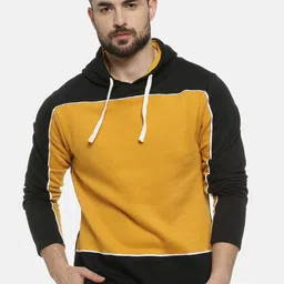 Campus Sutra Men Black & Mustard Yellow Colourblocked Hooded Pullover Sweatshirt-image-25