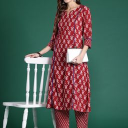 Indo Era Paisley Printed Mirror Work Pure Cotton Kurta with Trousers-image-91