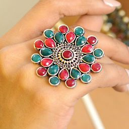 TEEJH Silver-Toned & Multi Oxidised  Stone-Studded Adjustable Finger Ring-3