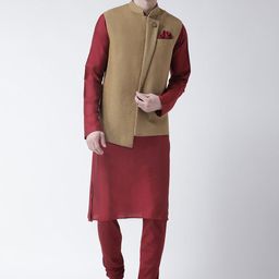 KISAH Men Beige & Maroon Solid Kurta with Churidar and Nehru Jacket-23