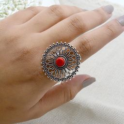 TEEJH Oxidised Silver-Toned & Red Beaded Filigree Finger Ring-image-28