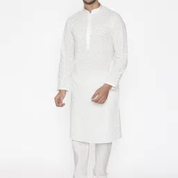 Manyavar Men White Embroidered Kurta with Churidar-31