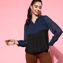 Antheaa Navy Blue & Black Colourblocked Dobby Weave Shirt Style Chiffon Top-image-26