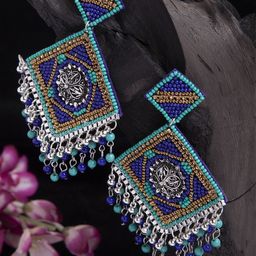 Moedbuille Turquoise Blue Beads Studded Oxidised Silver Plated Handcrafted Contemporary Chandbalis-35