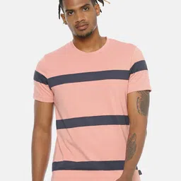 Campus Sutra Men Pink  Blue Striped Round Neck Pure Cotton T-shirt-image-56