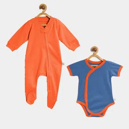 cherrytoes Unisex Kids Pack Of 2 Orange & Blue Solid Sleepsuit & Bodysuit-picture-15