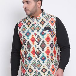 Hangup Men Multicolored Woven Design Nehru Jacket-13