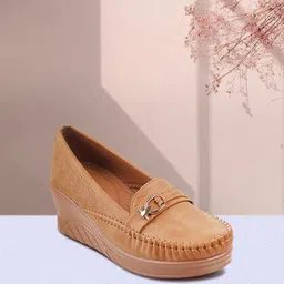 Metro Tan Wedge Pumps with Buckles-14