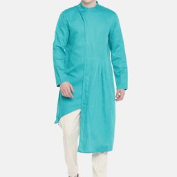 Freehand by The Indian Garage Co Men Turquoise Blue Solid Straight Kurta-image-23