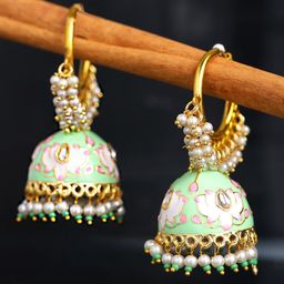 Yellow Chimes Green & White Dome Shaped Meenakari Jhumkas-image-23