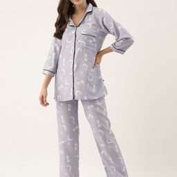 Bannos Swagger Women Purple & White Printed Night suit-image-15