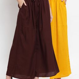 Clora Creation Women Pack Of 2 Yellow & Brown Solid Wide Leg Palazzos-28