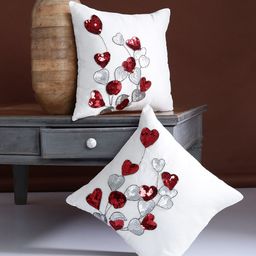 Alina decor Off-White & Red Set of 2 Solid Square Cushion Covers-2