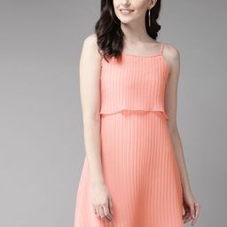MISH Women Peach-Coloured Solid Accordion Pleats A-Line Dress-19