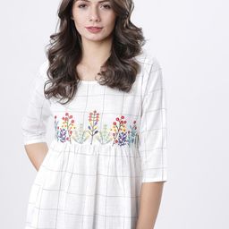 Vishudh Off White & Orange Floral Checked A-Line Top-picture-3