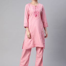 Nayam By Lakshita Floral Embroidered Regular Sequinned Linen Kurta with Palazzos-54