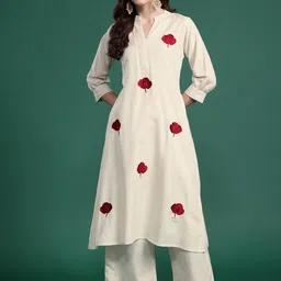 Indo Era Women Floral Embroidered Thread Work Pure Cotton Kurta with Palazzos-32