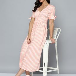 Mast & Harbour Peach-Coloured & White Striped A-Line Midi Dress-image-85