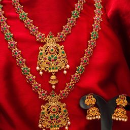 aadita Gold-Plated Pink & Green Stone-Studded & White Beaded Temple Jewellery Set-13