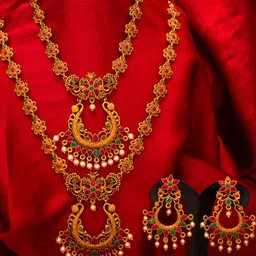 aadita Gold-Plated Pink & White Stone-Studded & Pearl-Beaded Temple Jewellery Set-picture-19