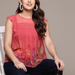 Label Ritu Kumar Floral Print Flutter Sleeves Chiffon Top With Inner-25