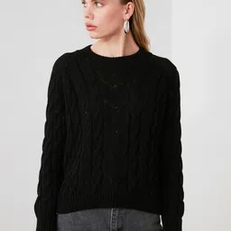 Trendyol Women Black Self Design Pullover Sweater-4