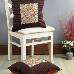 eyda Brown & Orange Set of 2 Embroidered Square Cushion Covers-40