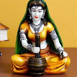 eCraftIndia Yellow & Green Handcrafted Rajasthani Lady Grinding Chilli Showpiece-12