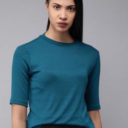 The Roadster Lifestyle Co Teal Blue Self Striped Top-image-49