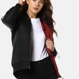 Campus Sutra Women Black & Maroon Colourblocked Windcheater Bomber-image-49