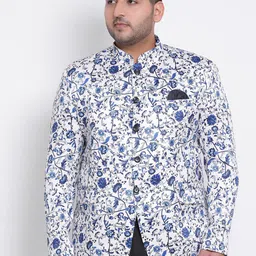 Hangup Men White & Blue Floral Printed Bandhgala Blazer-image-9