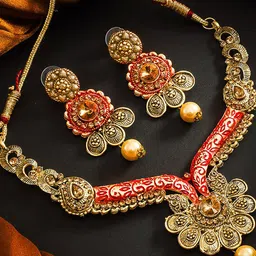 aadita Gold-Plated Red AD-Studded & Beaded Temple Jewellery Set-55