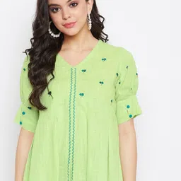 WineRed Green Floral Embroidered Puff Sleeves A-Line Top-image-57