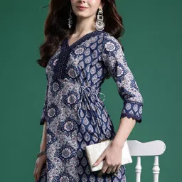 Indo Era Floral Printed Angrakha Mirror Work Pure Cotton Kurta with Trousers-picture-0