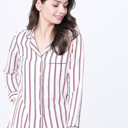 Tokyo Talkies Women Red & Navy Blue Regular Fit Striped Sleep Shirt-image-25