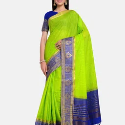 MIMOSA Green & Navy Blue Zari Linen Blend Banarasi Saree-picture-31