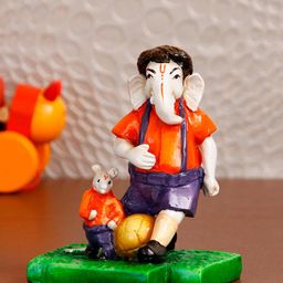 eCraftIndia Orange & Purple Lord Ganesha Playing Football With Mushak Handcrafted Decorative Figurine Showpiece-image-79