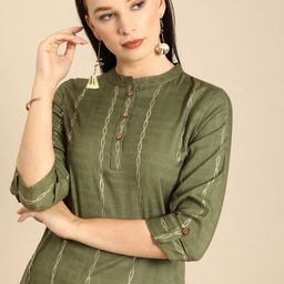 Anouk Women Olive Green & Gold-toned Geometric Foil Printed Kurta-picture-27