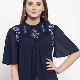 Gipsy Women Navy Blue Embroidered A-Line Top-image-97
